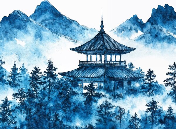 Obraz na plátně - Japonský chrám Majito v tyrkysových lesích FeelHappy.cz Velikost obrazu (šířka x výška): 60 x 20 cm