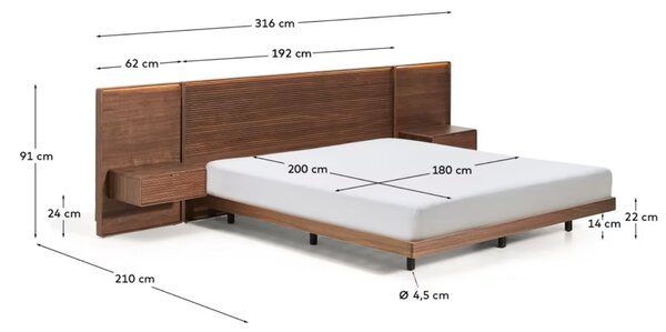Kave Home Ořechová postel Norlen 180 x 200 cm s nočními stolky
