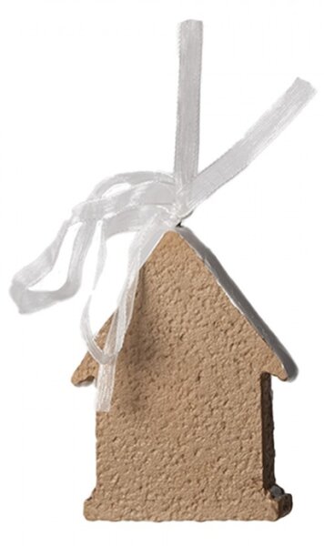 Hnědá vánoční ozdoba perníčkový domeček s bílou střechou a růžovo-bílými sloupky – 6x1x8 cm