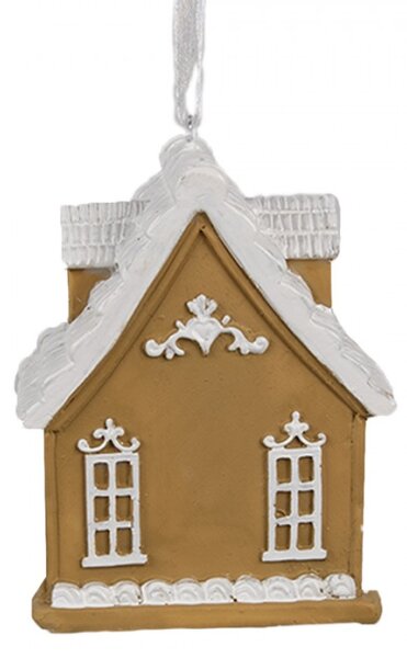 Hnědá vánoční ozdoba perníkový domeček s bílou střechou, okny a zdobením – 6x4x7 cm