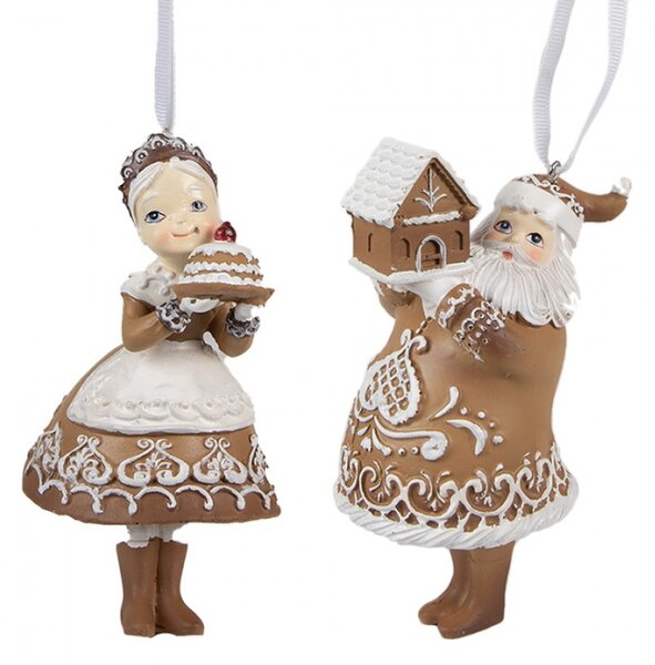 Sada 2 vánočních ozdob z plastu perníkový Santa Claus s paní Clausovou – 13 cm