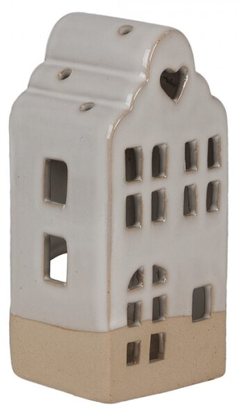 Béžový keramický svícen na čajovou svíčku vysoký dům s okny a srdíčky S – 7x6x14 cm