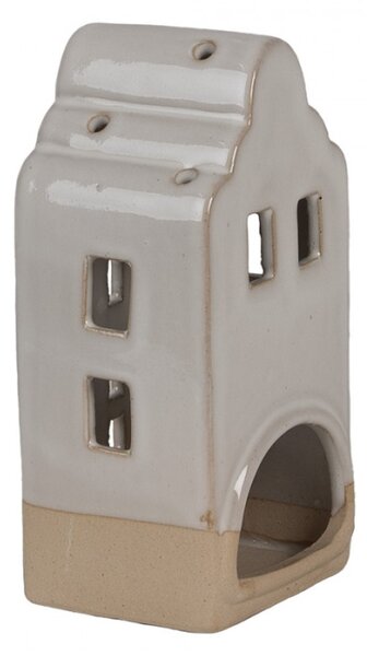 Béžový keramický svícen na čajovou svíčku vysoký dům s okny a srdíčky S – 7x6x14 cm
