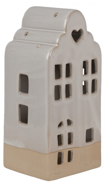 Béžový keramický svícen na čajovou svíčku vysoký dům s okny a srdíčky L – 11x10x23 cm