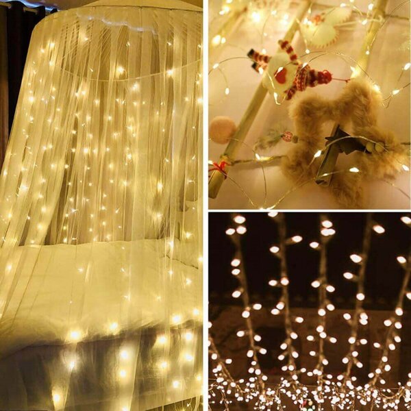 LED Nano světelný závěs - 3x2m, 200LED, 8 funkcí, ovladač, USB, IP44, teplá bílá