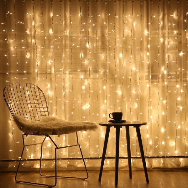 LED Nano světelný závěs - 3x2m, 200LED, 8 funkcí, ovladač, USB, IP44, teplá bílá