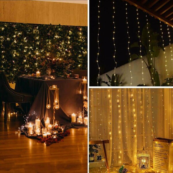 LED Nano světelný závěs - 3x2m, 200LED, 8 funkcí, ovladač, USB, IP44, teplá bílá