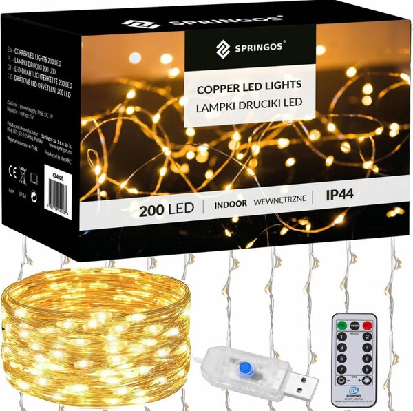 LED Nano světelný závěs - 3x2m, 200LED, 8 funkcí, ovladač, USB, IP44, teplá bílá