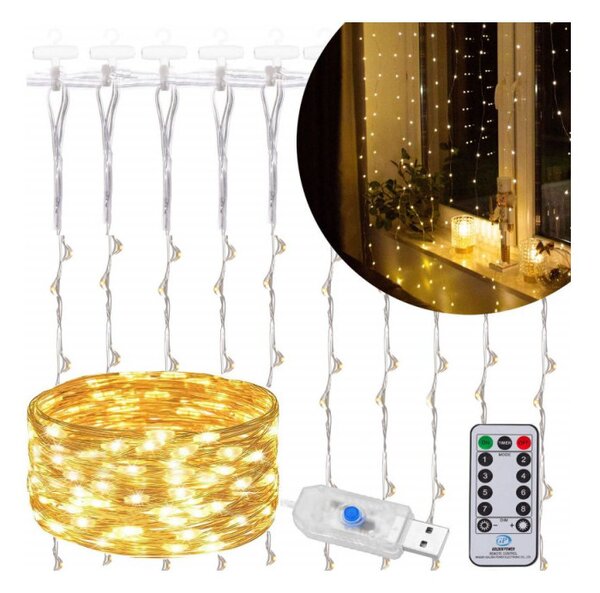 LED Nano světelný závěs - 3x2m, 200LED, 8 funkcí, ovladač, USB, IP44, teplá bílá