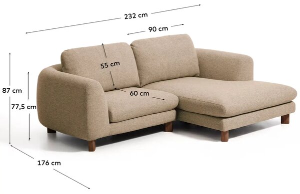 Kave Home Hnědá čalouněná rohová pohovka Vera 232 cm s ořechovou podnoží, pravá