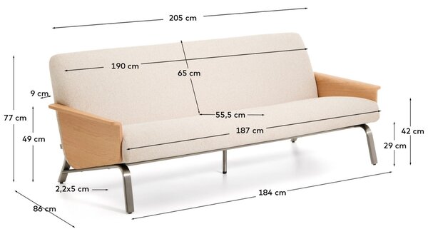 Kave Home Béžová dubová trojmístná pohovka Amsen 205 cm