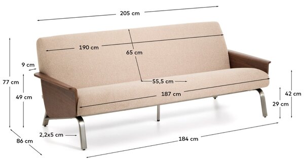 Kave Home Světle hnědá ořechová trojmístná pohovka Amsen 205 cm