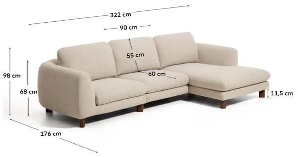Kave Home Béžová čalouněná rohová pohovka Vera 322 cm s ořechovou podnoží, pravá