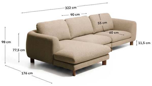 Kave Home Hnědá čalouněná rohová pohovka Vera 322 cm s ořechovou podnoží, levá