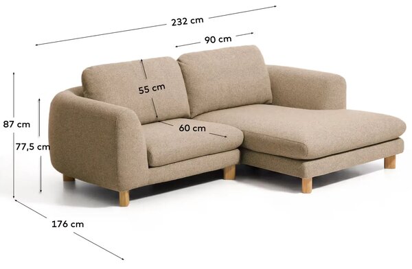 Kave Home Hnědá čalouněná rohová pohovka Vera 232 cm s dubovou podnoží, pravá