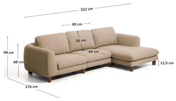 Kave Home Hnědá čalouněná rohová pohovka Vera 322 cm s ořechovou podnoží, pravá