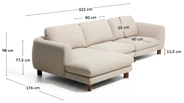Kave Home Béžová čalouněná rohová pohovka Vera 322 cm s ořechovou podnoží, levá