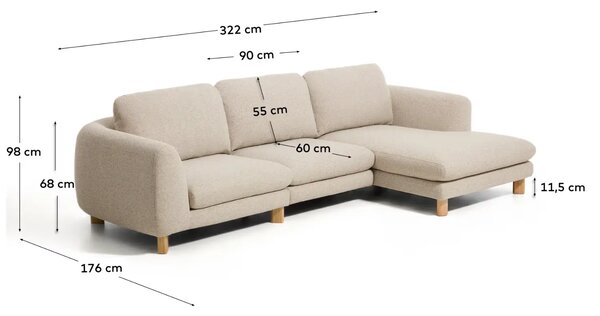 Kave Home Béžová čalouněná rohová pohovka Vera 322 cm s dubovou podnoží, pravá