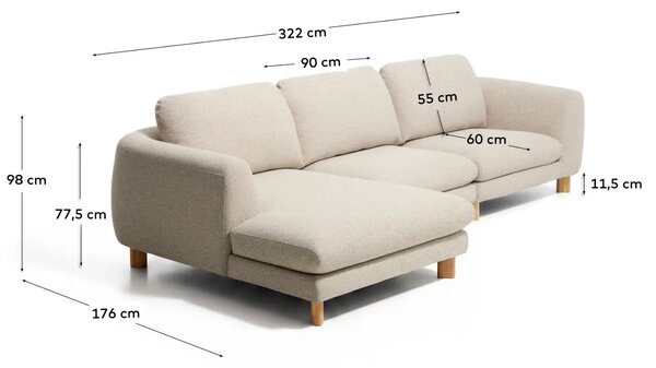 Kave Home Béžová čalouněná rohová pohovka Vera 322 cm s dubovou podnoží, levá