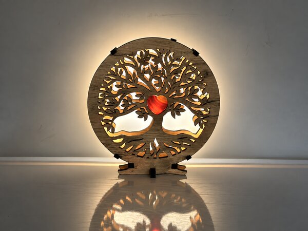 "Strom života s achátovým srdcem" dřevěná lampa s dvojitým podsvícením 20x22 cm/dub provedení povrchu: jedle