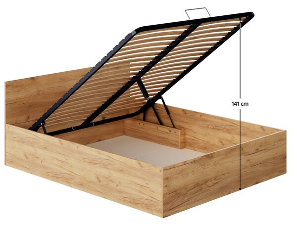 KONDELA Postel s kovovým roštem a úložným prostorem, 160x200, dub craft zlatý, DOLI