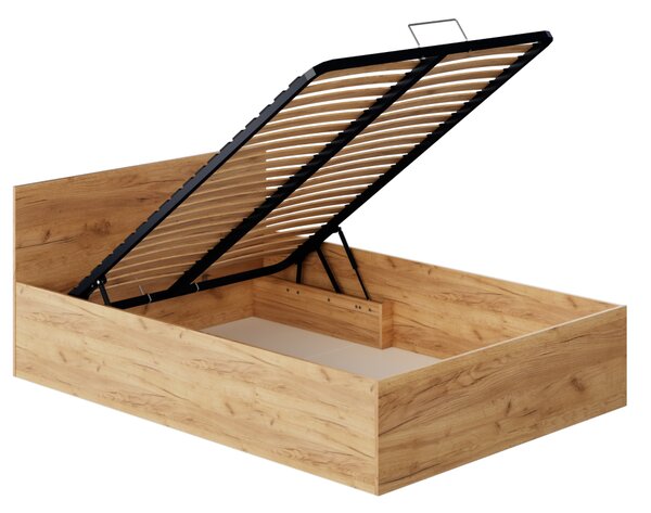 KONDELA Postel s kovovým roštem a úložným prostorem, 140x200, dub craft zlatý, DOLI