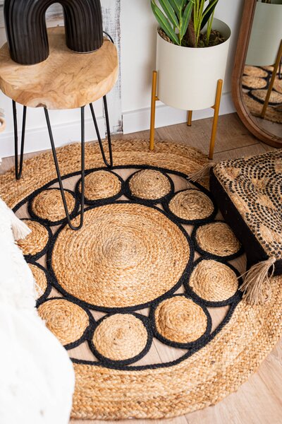 Kulatý koberec v boho stylu, jutový, Ø 90 cm