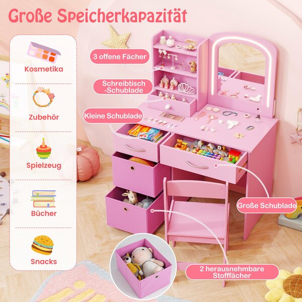 Dětský kosmetický stolek COSTWAY, dětský kosmetický stolek s osvětlením, zrcadlem, zásuvkami a 2 boxy, sada toaletních stolků, kosmetický stolek pro dívky od 3 let, růžový