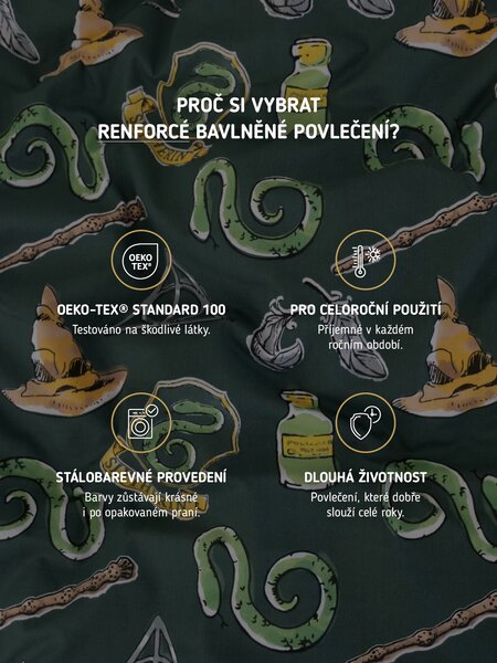 MK Lůžkoviny Bavlněné povlečení Renforcé - Zmijozel tmavě zelené 140 × 200 cm, 70 x 90 cm