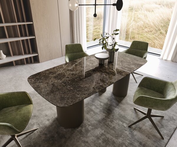 DELIFE Jídelní stůl Edge Boot 200x100 keramika Laminam® Emperador Extra Lucidato tmavě hnědá Troa kov titanová efektová úprava