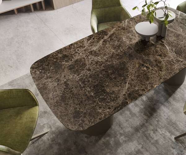 DELIFE Jídelní stůl Edge Boot 200x100 keramika Laminam® Emperador Extra Lucidato tmavě hnědá Troa kov titanová efektová úprava