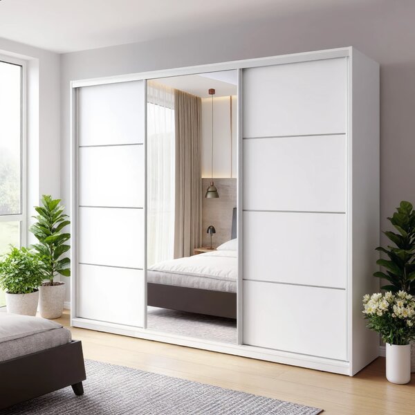Česká šatní skříň NEJBY BARNABA 250 cm s posuvnými dveřmi, zrcadlem, 4 šuplíky a 2 šatními tyčemi, bílá