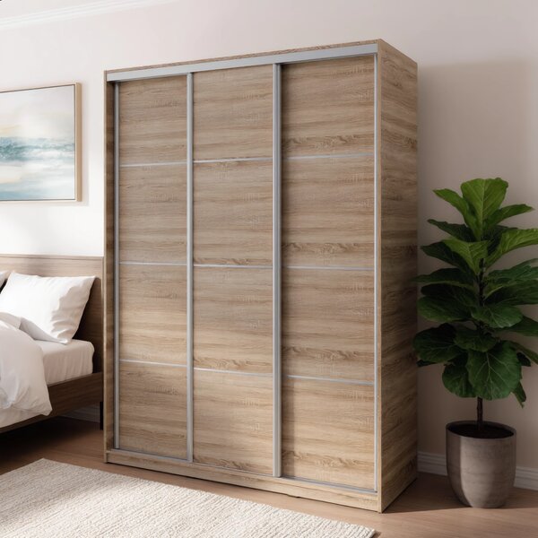 Česká šatní skříň NEJBY BARNABA 150 cm s posuvnými dveřmi, 4 šuplíky, 2 šatními tyčemi, dub sonoma