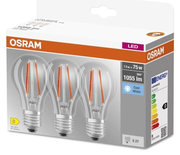 SADA 3x LED Žárovka BASE CLASSIC FILAMENT A60 E27/7,5W/230V 4000K - Osram