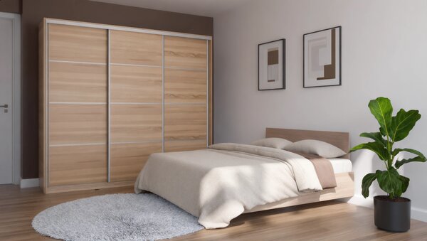 Česká šatní skříň NEJBY BARNABA 200 cm s posuvnými dveřmi, 4 šuplíky a 2 šatními tyčemi, dub sonoma