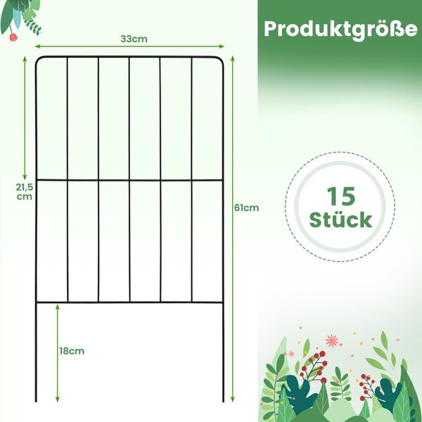 COSTWAY 15 kusů dekorativních zahradních plotů, plot na záhony vysoký 60 cm, kovový zásuvný plot, dekorativní kovový plot, kompletní sada plotů odolná proti korozi, černá barva