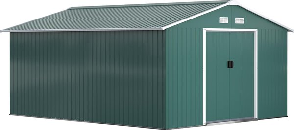 Zahradní domek Outsunny 12,4 m² se sedlovou stechou, posuvnými dvemi a základovou deskou, zelený
