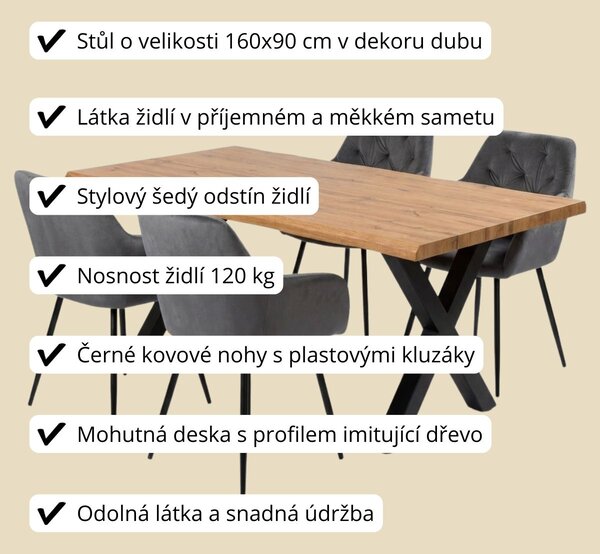 Vikio Jídelní set 4+1 160x90 cm dub, šedá VJS136-4S