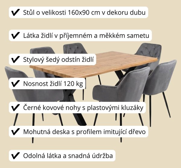 Vikio Jídelní set 6+1 160x90 cm dub, šedá VJS136-6S