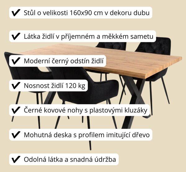 Vikio Jídelní set 4+1 160x90 cm dub, černá VJS136-4C