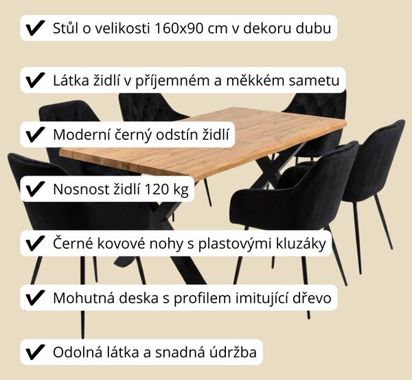 Vikio Jídelní set 6+1 160x90 cm dub, černá VJS136-6C