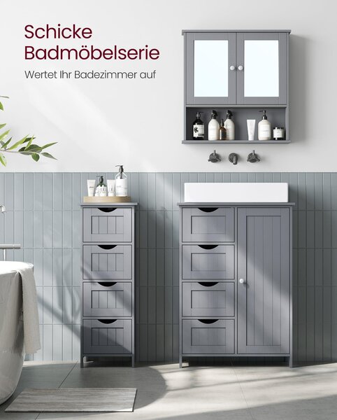 VASAGLE Zrcadlová skříňka, koupelnová skříňka, nástěnná skříňka, závěsná skříňka se 2 zrcadlovými dvířky a otevřenou přihrádkou, nastavitelná police, montáž na zeď, 13 x 56,5 x 58,5 cm, holubí šedá LHC002G02
