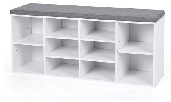 Botník s lavicí a polštářem bílý 104×30×48 cm – 10 přihrádek