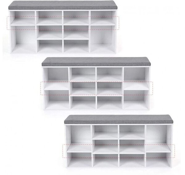Botník s lavicí a polštářem bílý 104×30×48 cm – 10 přihrádek