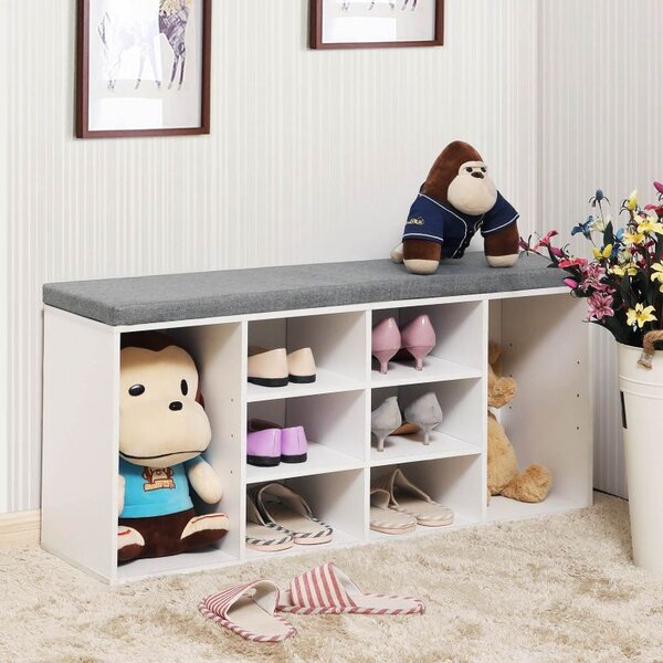 Botník s lavicí a polštářem bílý 104×30×48 cm – 10 přihrádek