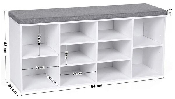 Botník s lavicí a polštářem bílý 104×30×48 cm – 10 přihrádek