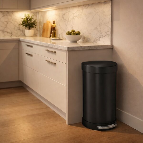 Pedálový odpadkový koš Simplehuman – 45 l, půlkulatý, matná černá ocel, rám na sáčky