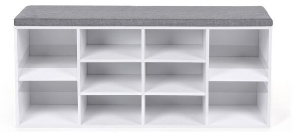 Botník s lavicí a polštářem bílý 104×30×48 cm – 10 přihrádek
