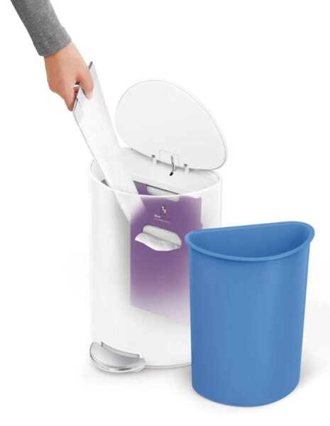 Pedálový odpadkový koš Simplehuman – 6 L, půlkulatý, bílá ocel, tiché zavírání