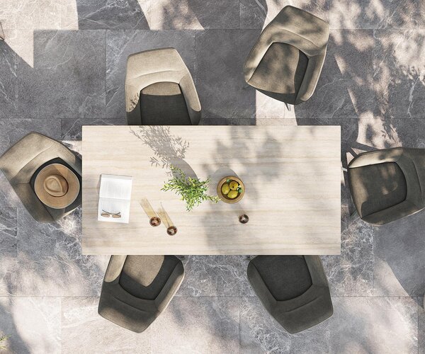DELIFE Jídelní stůl Edge 200x100 cm keramika Laminam® Travertino Bianco krémově bílá křížová podnož nerezová ocel